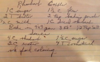 The Original Rhubarb Cobbler Recipe in Phyllis' Handwriting.